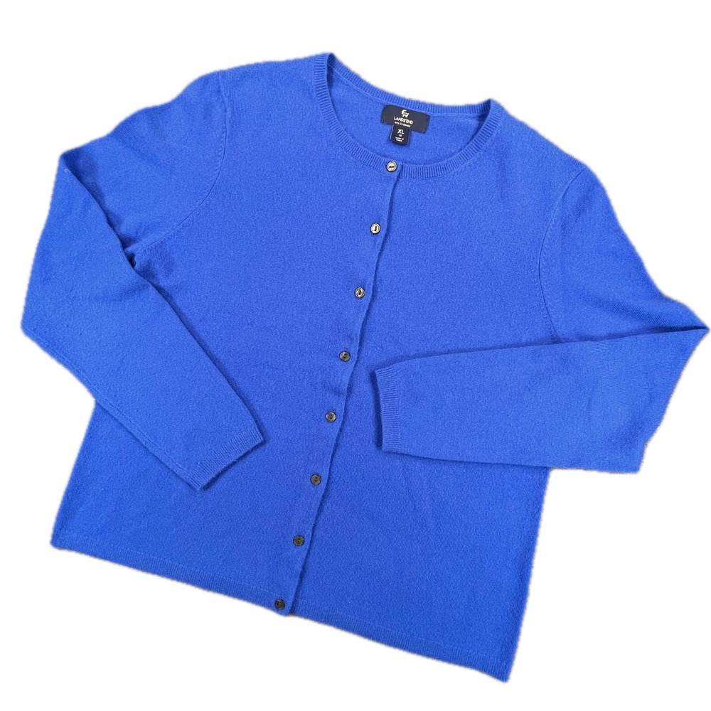 Lands End 100% Cashmere Cardigan XL Blue Luxury Soft Girl Knit Sweater Preppy